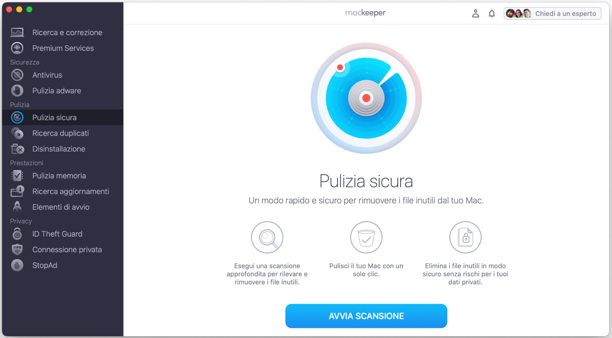 Per rimuovere rapidamente e in sicurezza tutti i file nascosti dal tuo Mac, seleziona Pulizia Sicura e fai clic su Avvia scansione.