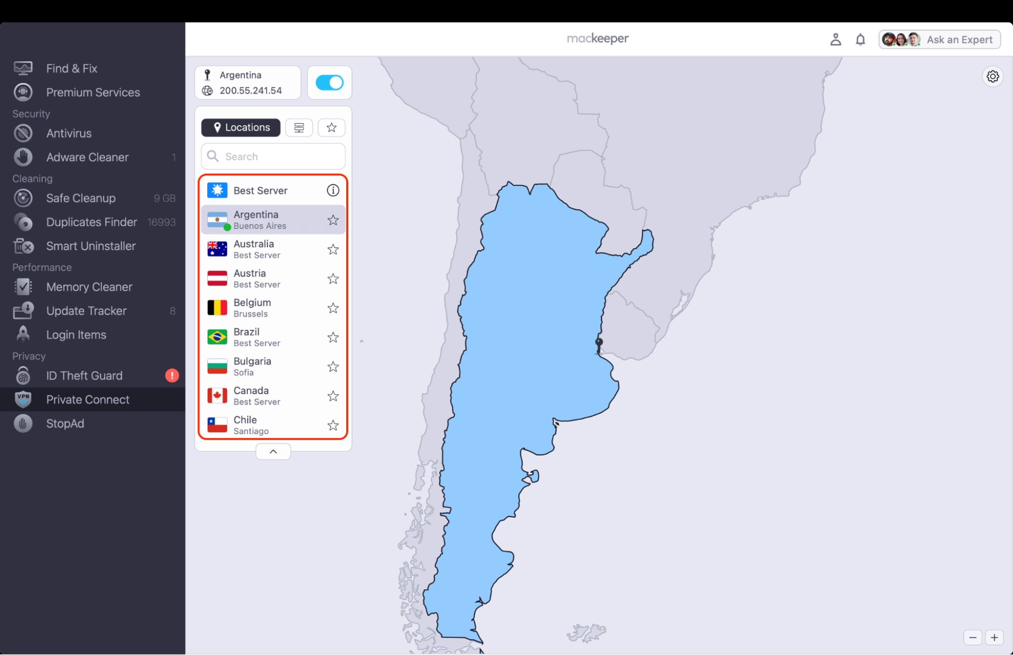 In the Private Connect section, click the location field and choose your preferred server location to mask your IP address and browse the web privately.