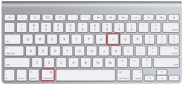 Apple keyboard with the Command and I keys highlighted, the shortcut that opens Get Info to check file and folder permissions on a Mac.