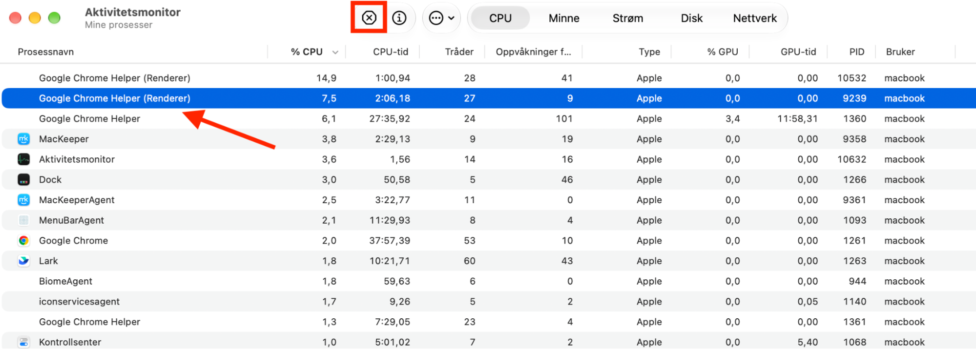 En liste over kjørende prosesser i Aktivitetsmonitor på Mac. Hvis du finner noe mistenkelig når du sjekker for skadelig programvare på Mac, marker prosessen og klikk på X for å lukke den.