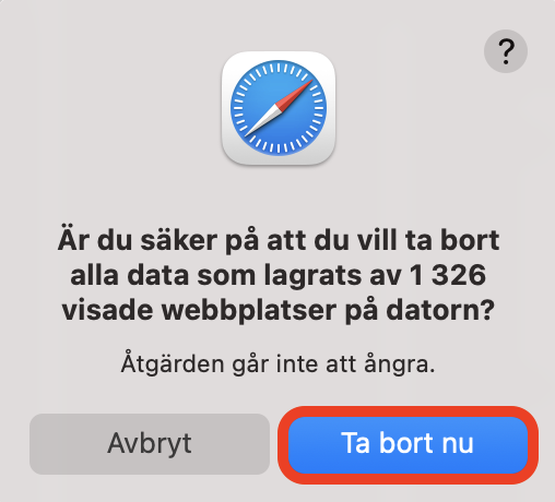 En bekräftelsedialog visas för att rensa webbplatsdata i Safari på Mac. Du kan bekräfta att du vill ta bort all webbplatsdata för att frigöra utrymme på Mac genom att klicka på Ta bort nu.