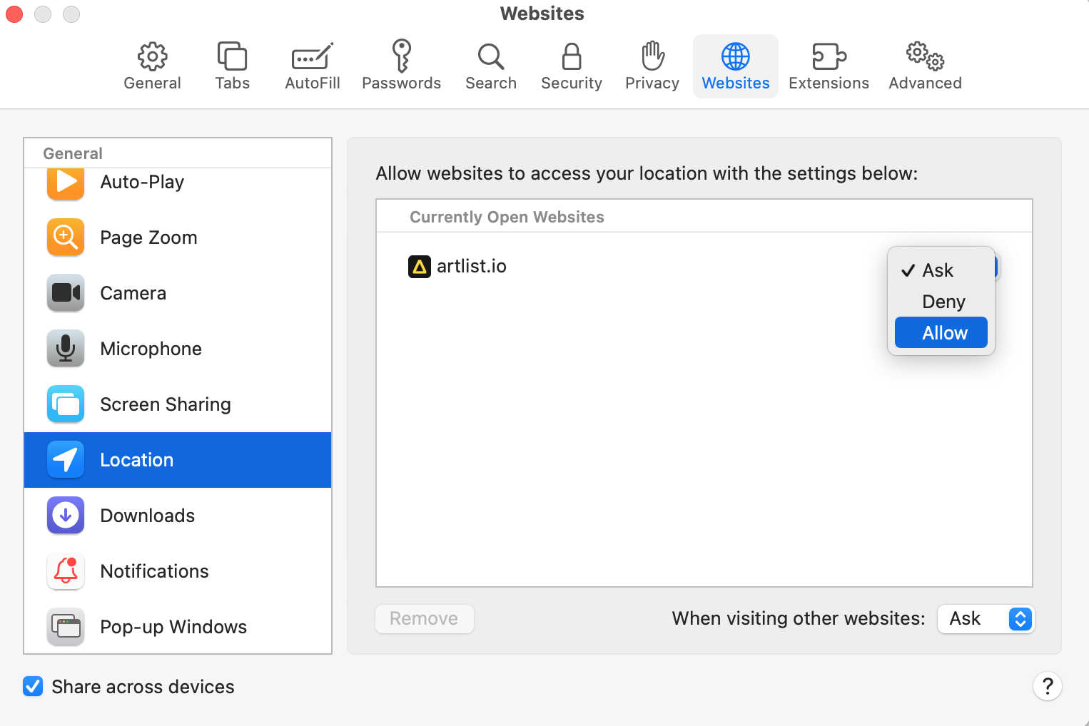 The website settings page is opened on a MacBook device. Click on Location and grant permissions to set location for individual sites in Safari.