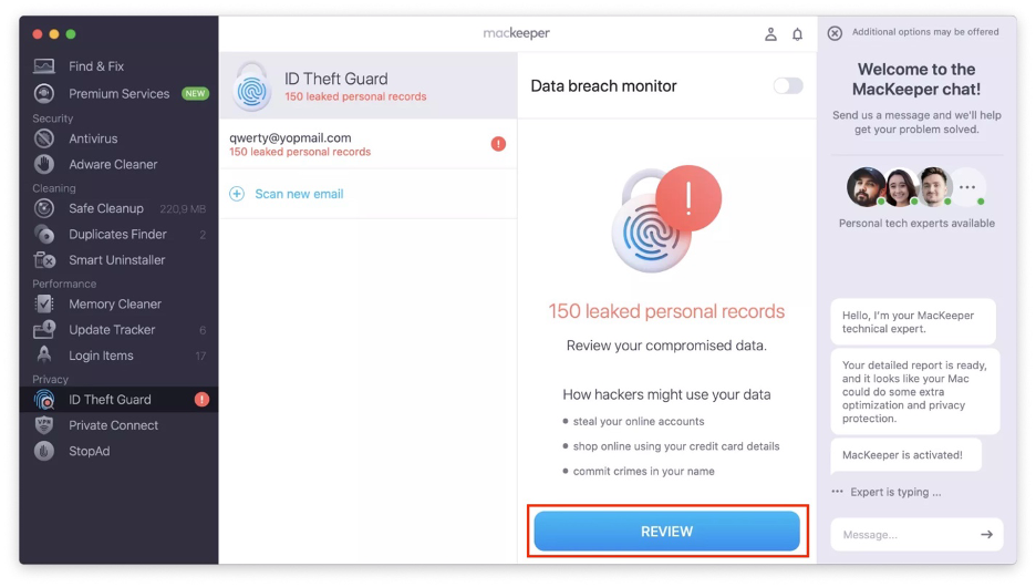 To check any data breaches, click on the Review button and take a look at the results.