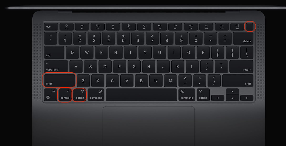 A Mac keyboard showing the keys you need to press to reset the SMC after shutting down. You can try this when your Mac gets stuck in Recovery mode.
