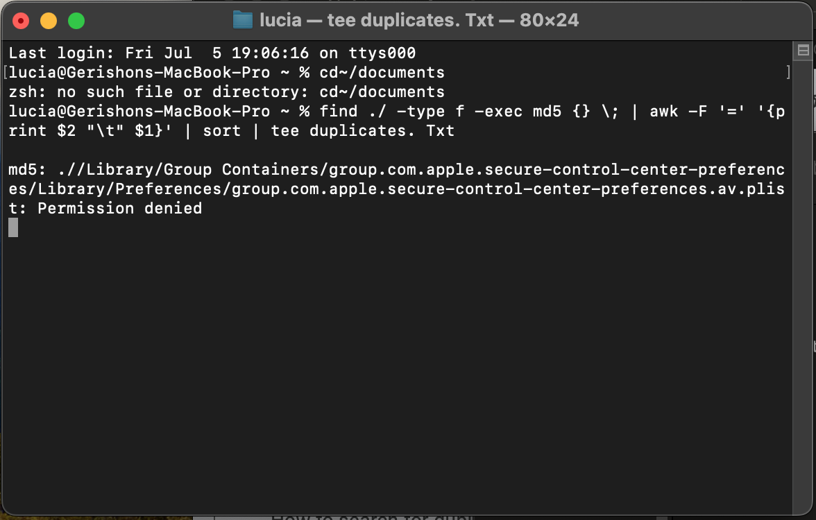 Kopieren Sie den folgenden Befehl und geben Sie ihn in das Terminalfenster ein: find ./ -type f -exec md5 {} \; | awk -F ‚=‘ '{print $2