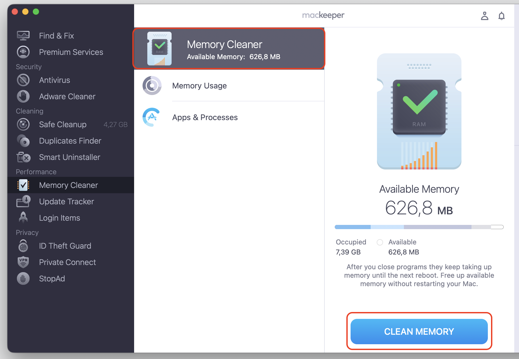 MacKeeper's Memory Cleaner section on a MacBook with the Clean Memory button used to lower codesign high CPU load and free up RAM.