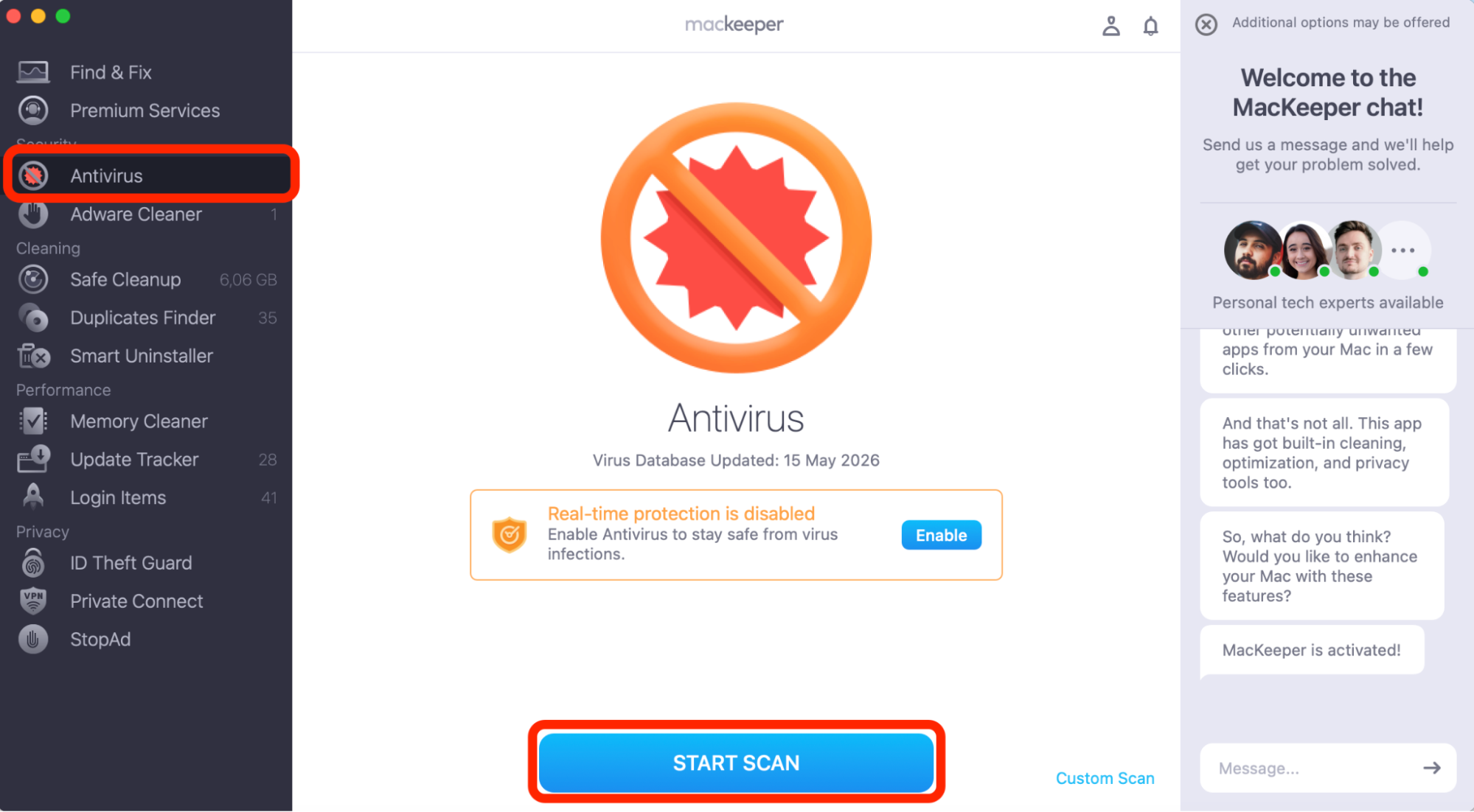 To check Mac for malware and viruses, use MacKeeper's Antivirus tool. Just open the app and find the feature you're looking for. The, click on Start Scan.