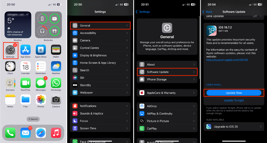 To solve iCloud Private Relay errors by updating iOS, go to Settings on your iPhone/iPad, choose General, tap Software Update, then tap Update Now.