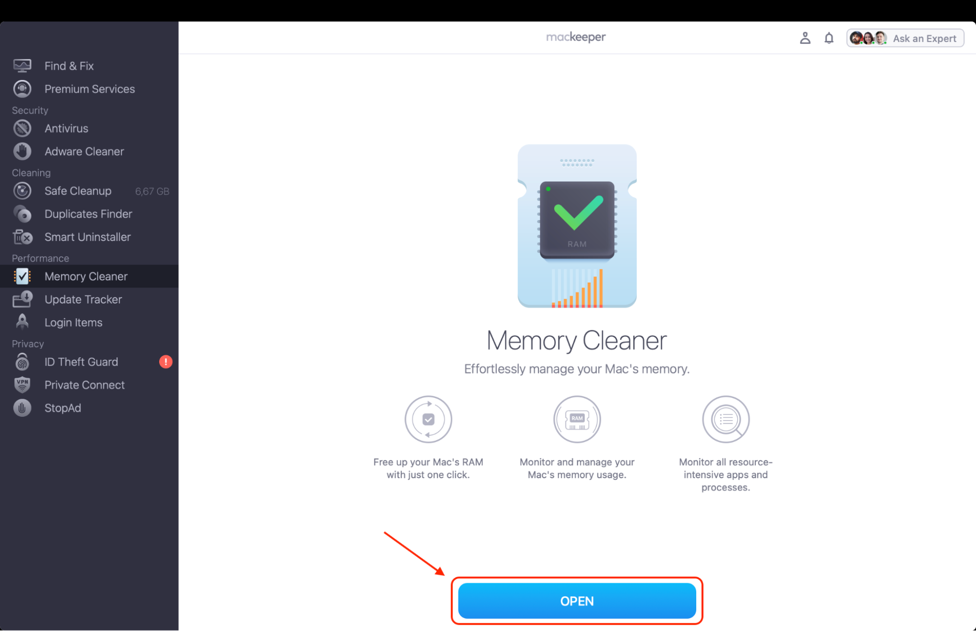 Choose Memory Cleaner from the left-side menu bar to view your Mac's current memory usage and prepare to free up system resources efficiently.