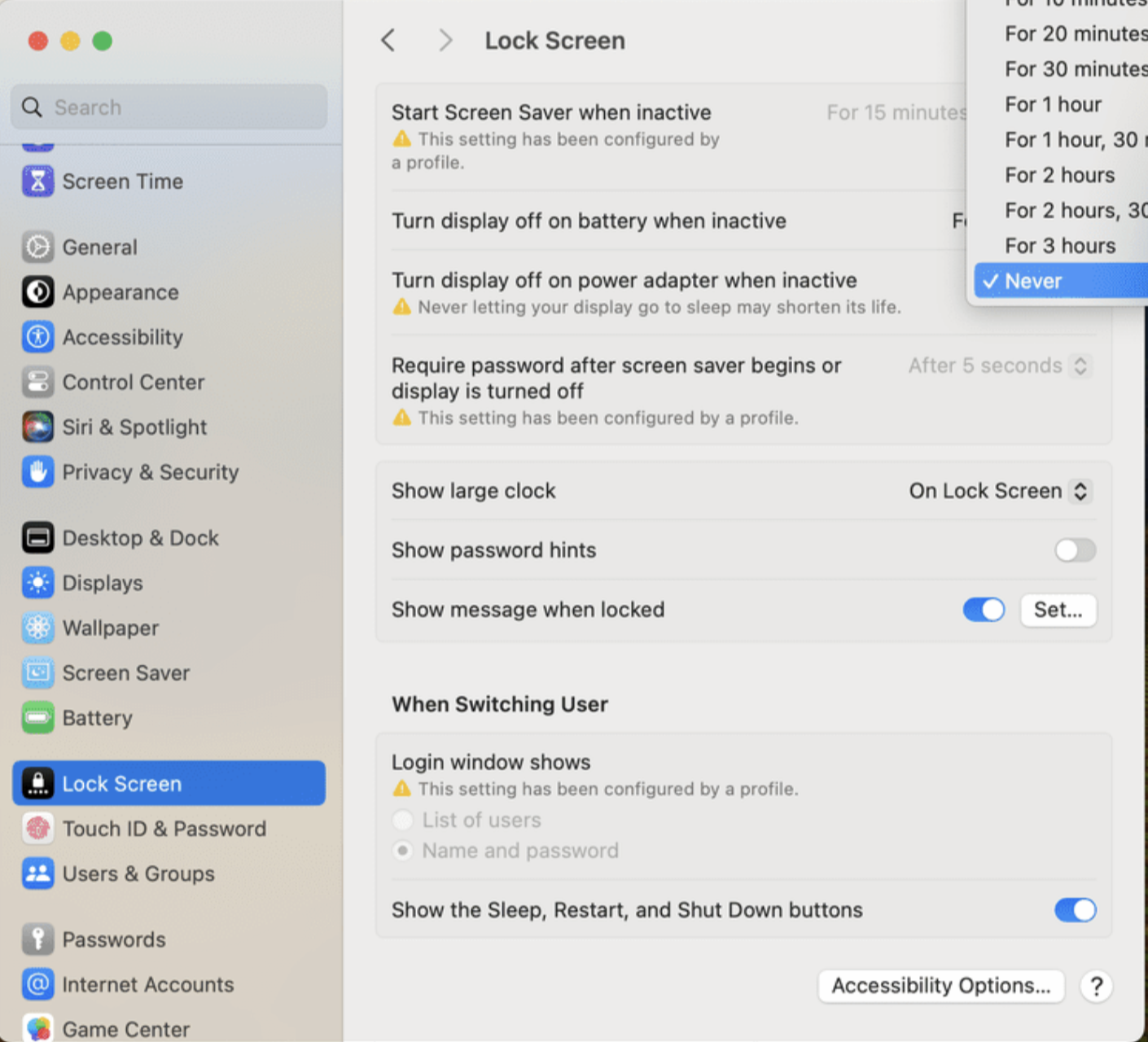 For Mac users with Ventura or newer, go to System Settings, look for Lock Screen, and where it says Turn display off on power adapter when inactive–choose Never from the drop-down options. This will stop Mac from sleeping when the lid is shut.