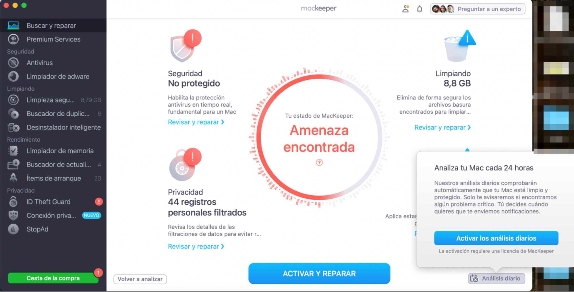 Para mantener el buen rendimiento de tu Mac, haz clic en Análisis diario para analizar tu Mac en busca de posibles problemas cada 24 horas.