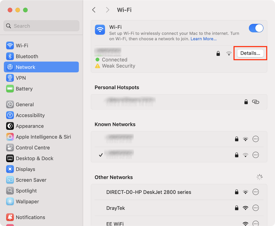 To solve the iCloud Private Relay error and stop conflicting security software on your Mac, click the Details button in Network Settings.