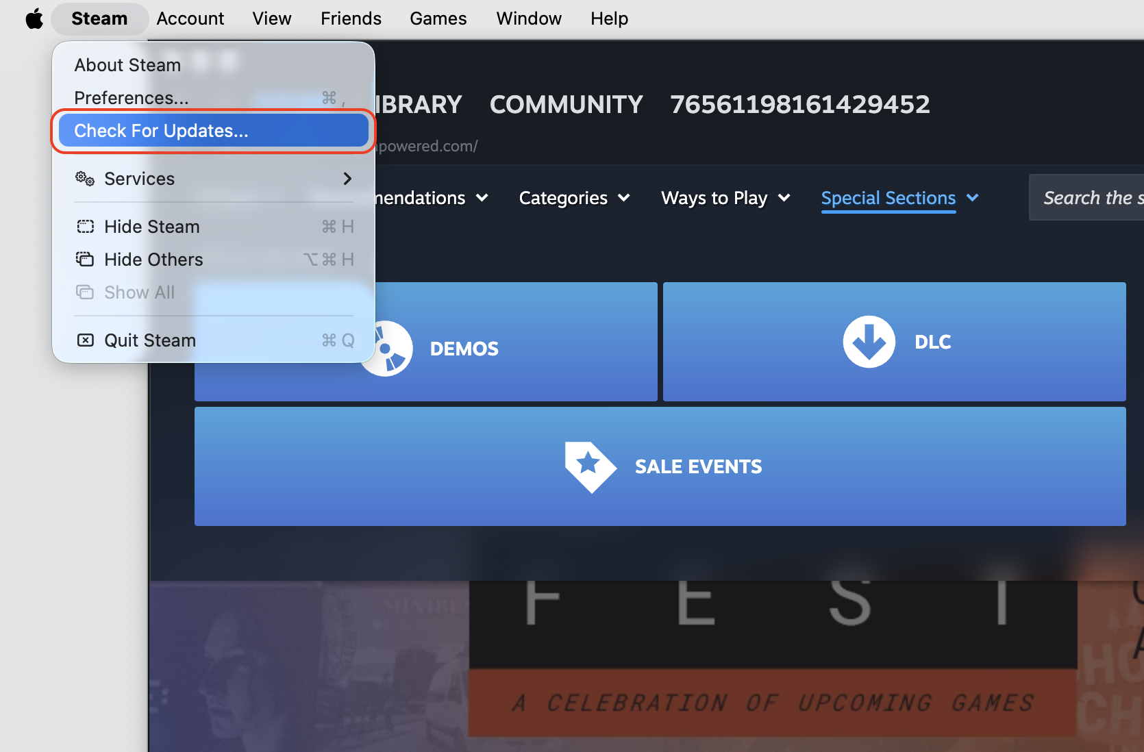 Open the Steam menu next to the Apple logo on your Mac and click Check For Updates to refresh the Steam client.