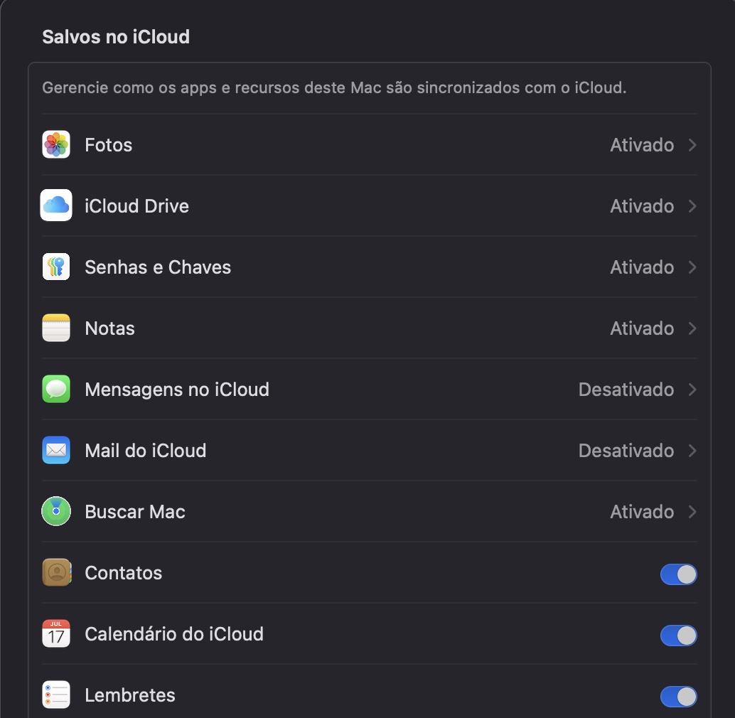 Após selecionar Ver Tudo, você pode desativar a sincronização desligando a opção Usar neste Mac. Depois disso, seu dispositivo deixará de sincronizar arquivos via iCloud com seus outros dispositivos.