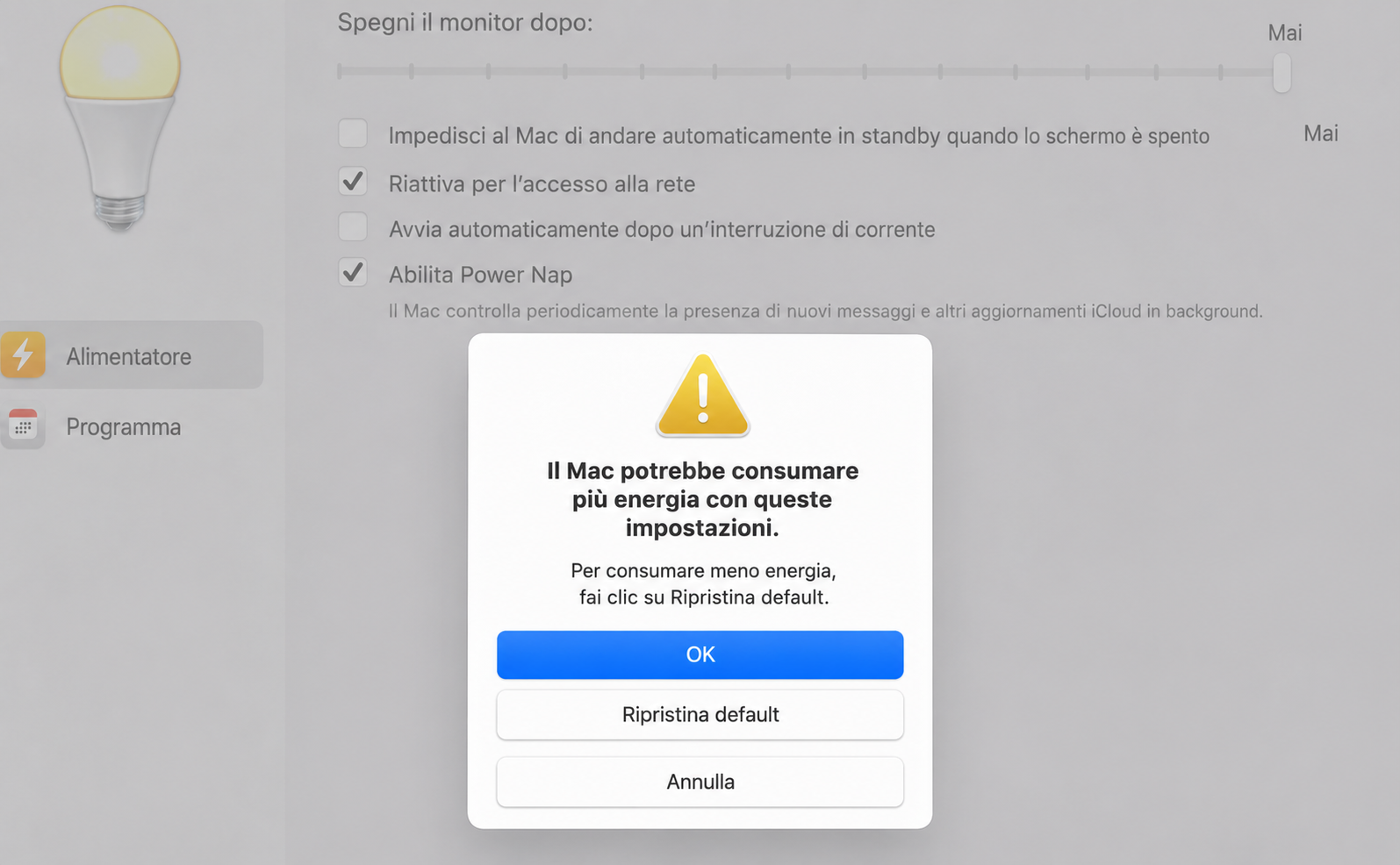 Potresti vedere un avviso sul fatto che il Mac consumerà più energia quando disattivi la sospensione dello schermo. Clicca sul pulsante 'OK' per procedere.
