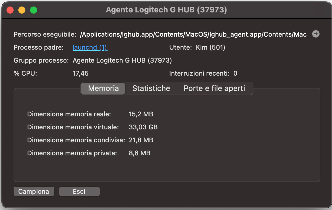 Fai doppio clic su un'app o un processo in Monitoraggio Attività e si aprirà una nuova finestra. Clicca il pulsante Esci per interrompere un processo in esecuzione sul tuo Mac.