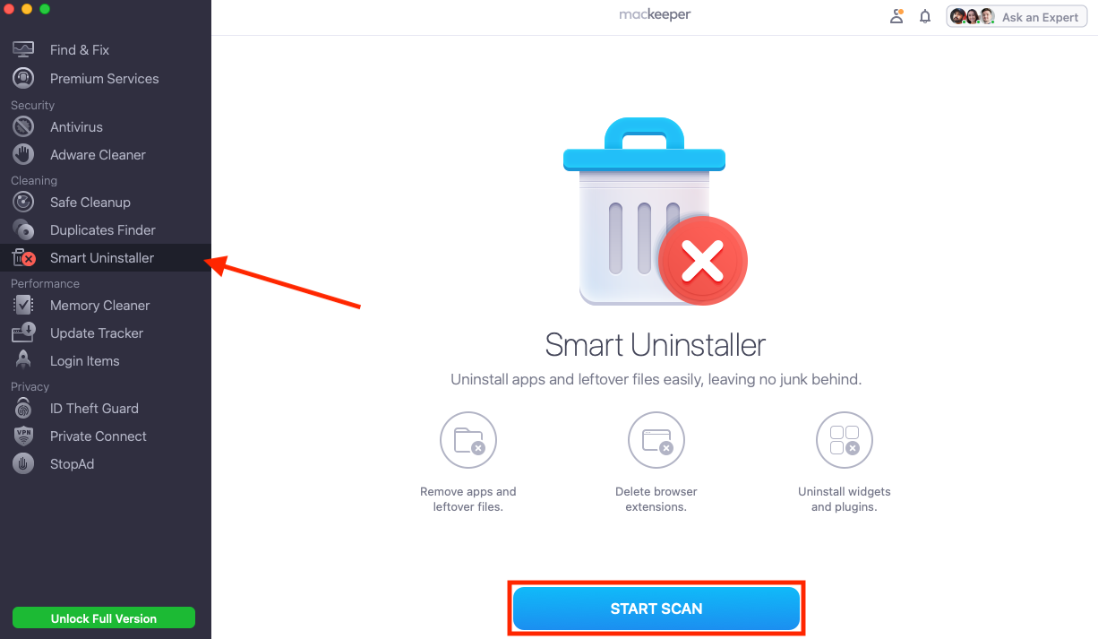 The Smart Uninstaller in MacKeeper on Mac. You can use this to uninstall Mac apps, as well as any associated files, in just a few clicks.