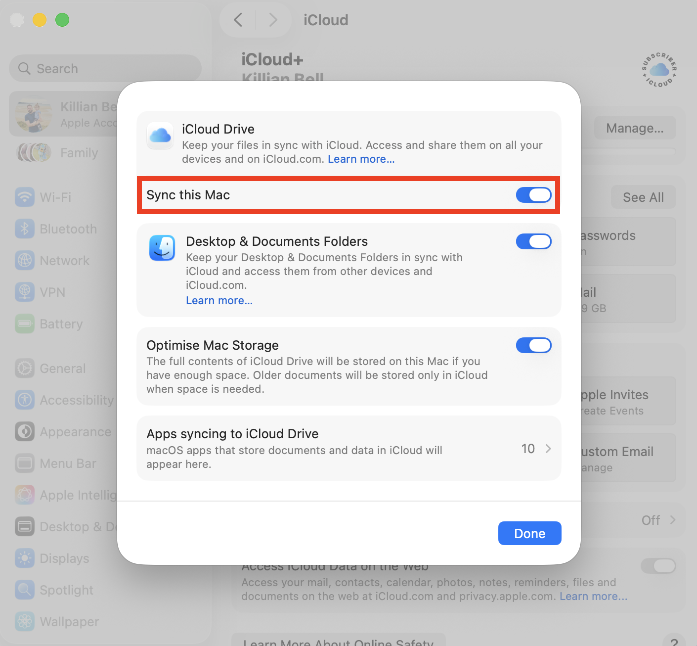 The iCloud Drive sync toggle inside System Settings on Mac. If you have issues with the cloudd process on macOS, try disabling and then re-enabling iCloud Drive syncing on your computer.