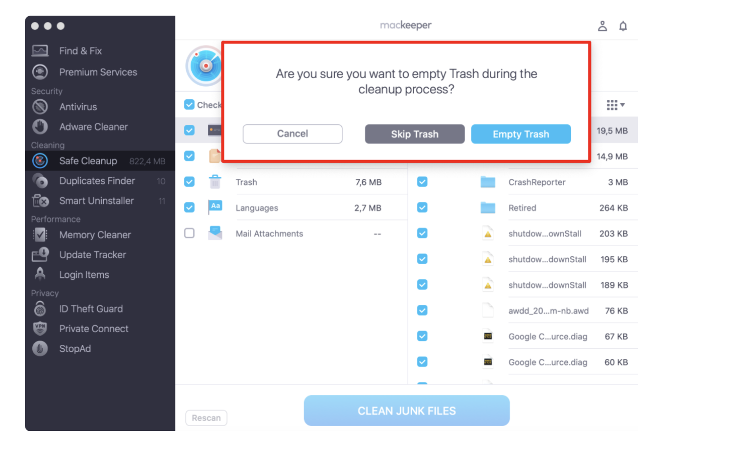 Once you've cleared out your junk files, MacKeeper will ask if you wish to empty your Trash as part of the cleanup process. If you do, select Empty Trash.