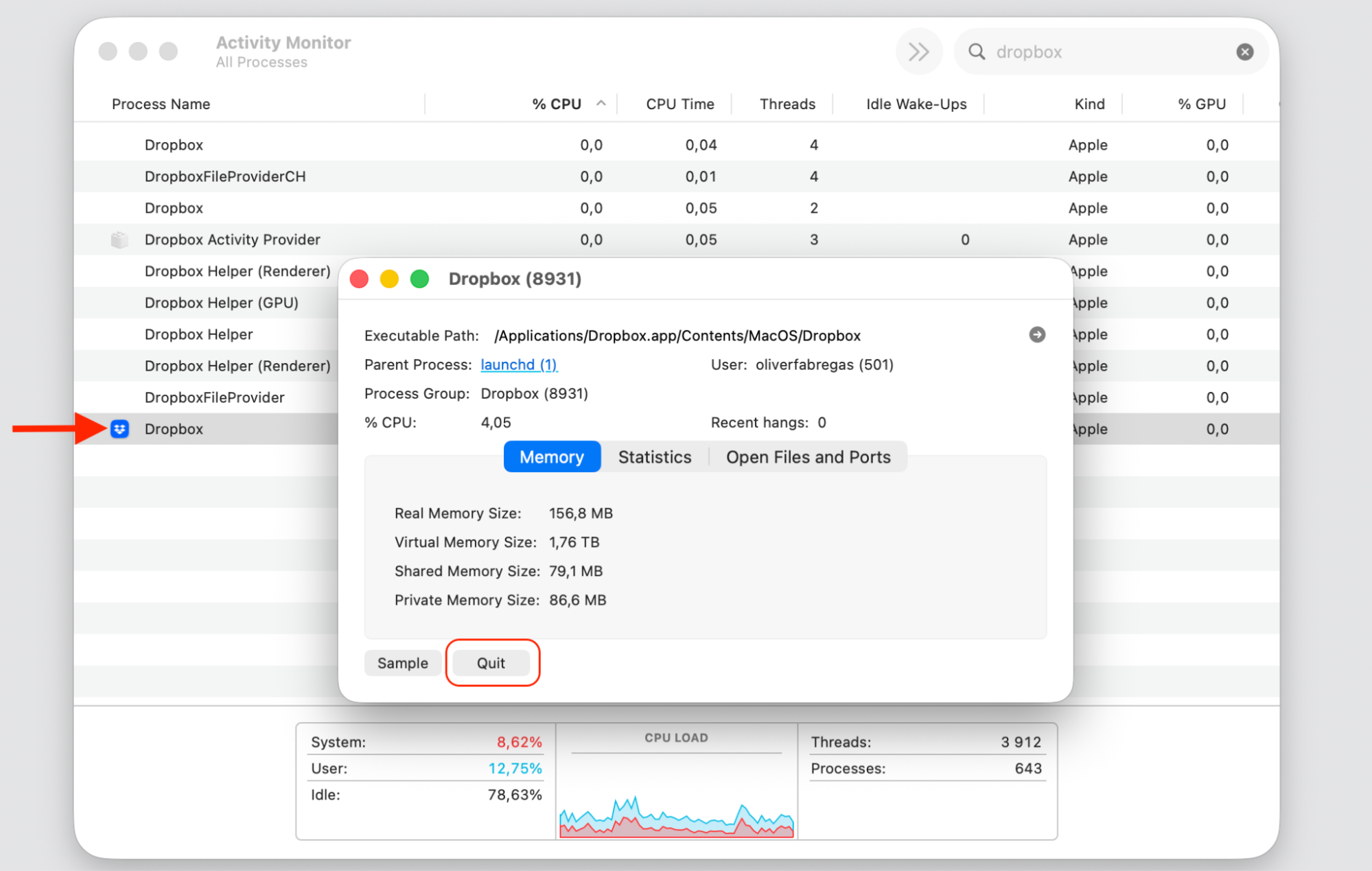 Activity Monitor on macOS showing the Dropbox process details window with the Quit button to stop it and then relaunch the app.