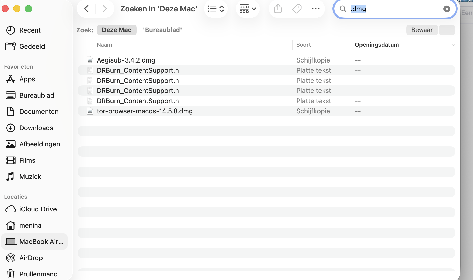 Typ in het zoekveld .zip of .dmg om schijfkopieën en archiefbestanden op de schijf van je Mac te zoeken. Zo kun je ongewenste schijfkopieën en archiefbestanden eenvoudig opsporen en verwijderen.