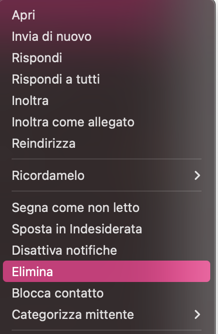 Un menu dell'applicazione Mail di macOS con Elimina evidenziato. Come eliminare la cache di Mail su Mac: svuotare il Cestino facendo clic con il tasto destro su un'email.