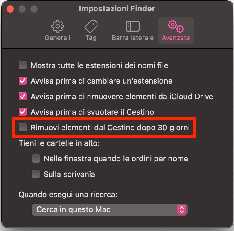 La finestra Impostazioni di Finder su Mac con la scheda Avanzate selezionata. Seleziona Rimuovi gli elementi dal Cestino dopo 30 giorni per far sì che il cestino del Mac si svuoti automaticamente.