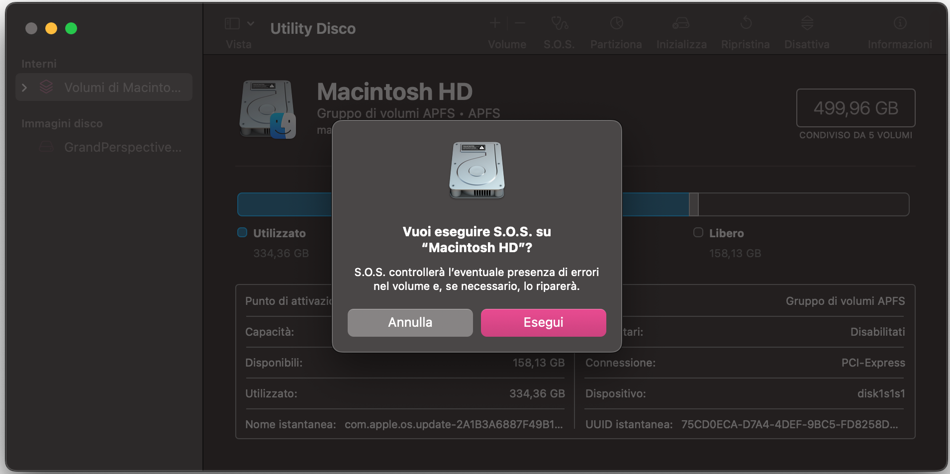 Il prompt di S.O.S. in Utility Disco su Mac. Clicca Esegui per procedere con il controllo degli errori del disco di avvio del Mac che potrebbero impedire lo svuotamento del cestino.