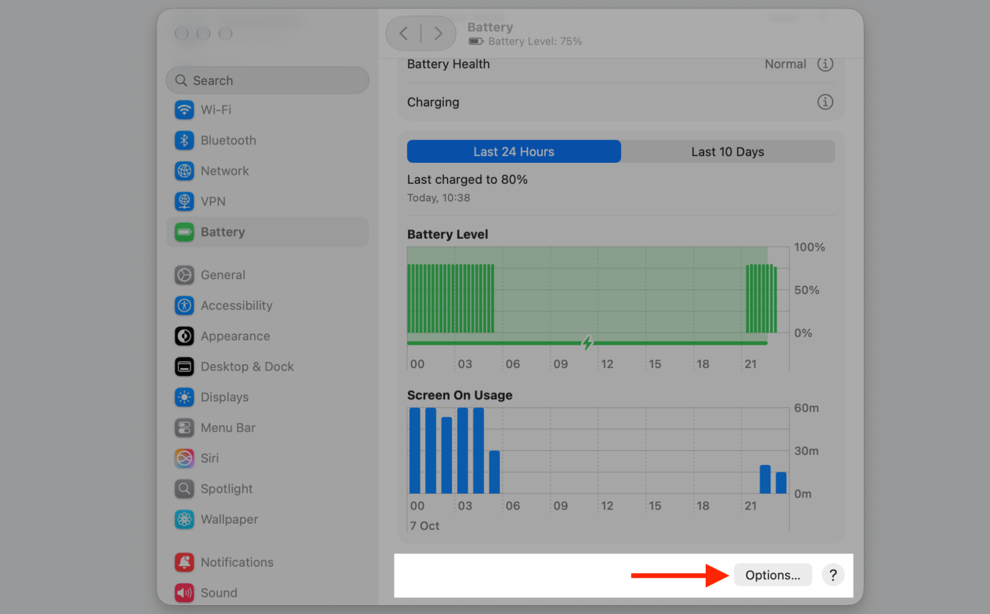 The Battery pane in macOS System Settings on a MacBook, with the Options button highlighted below the battery level and usage graphs.