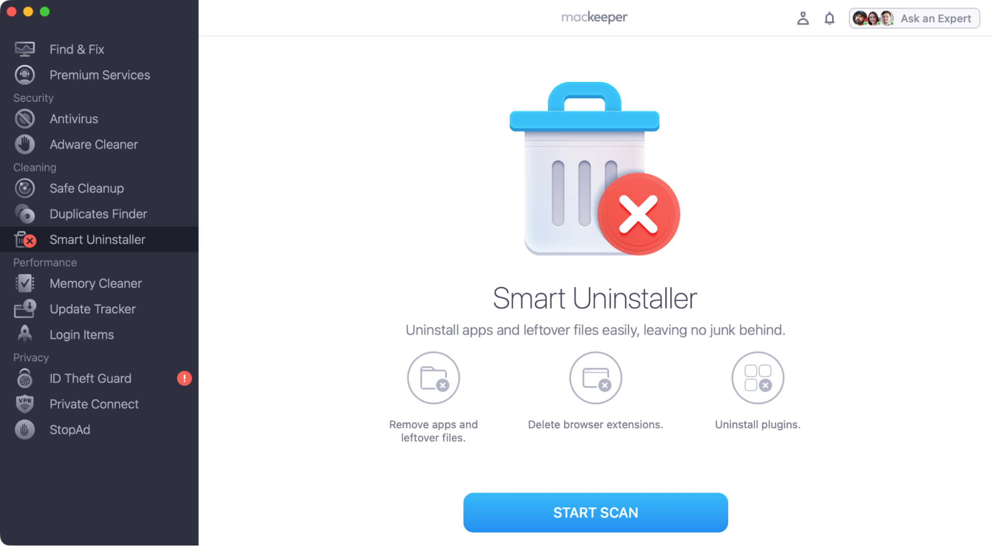 MacKeeper's Smart Uninstaller can shut down apps like Grammarly and completely delete them off your Mac. First load up MacKeeper, and select 'Smart Uninstaller'. Then click 'Start Scan'.