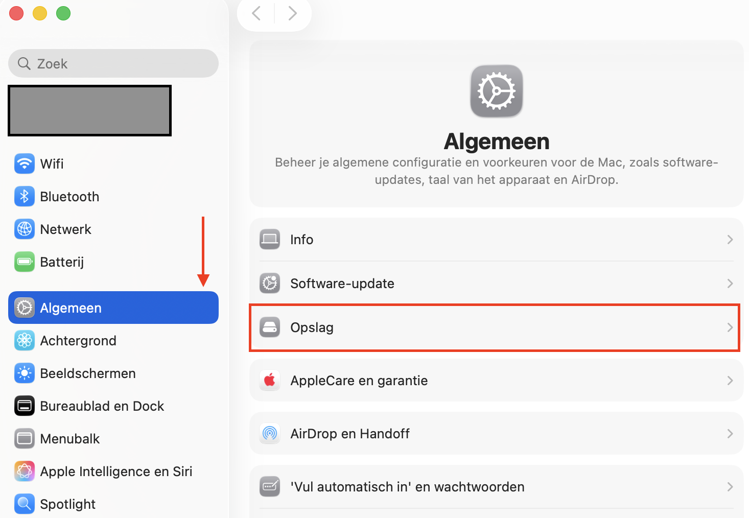 Het menu Algemeen in Systeeminstellingen op de Mac. Selecteer de optie Opslag om je gegevens te beheren en ruimte vrij te maken op je Mac.