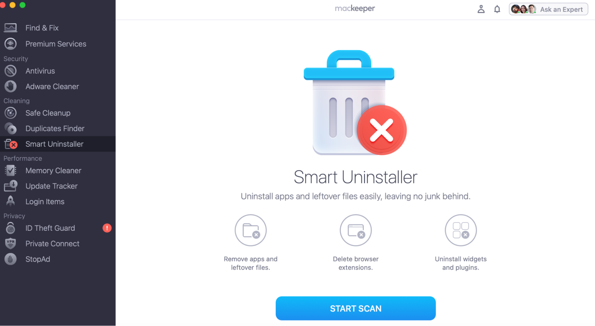 To remove an app with the help of MacKeeper, open the app and select the Smart Uninstaller feature. Then click Start Scan, which will only take a few moments.