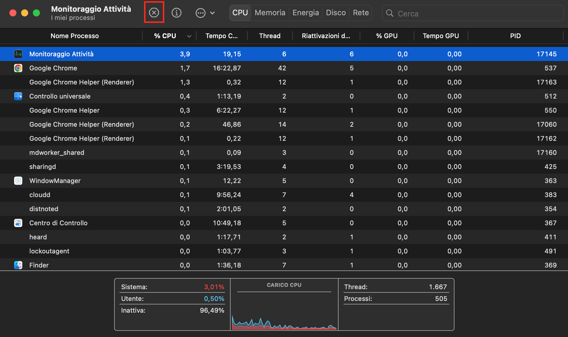 Un elenco di tutti i processi attivi all'interno di Monitoraggio Attività sul Mac. Per terminare un processo che sta causando il surriscaldamento del Mac, selezionalo, quindi fai clic su X.
