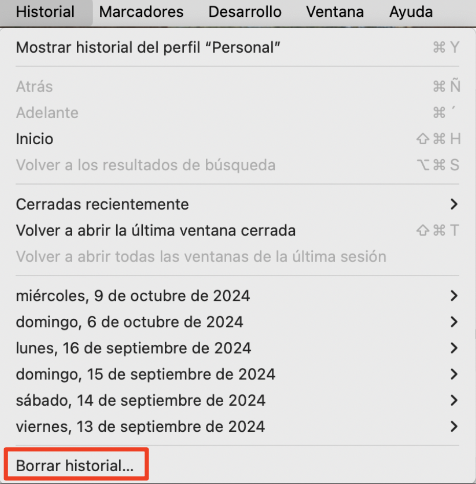 El menú Historial de Safari en Mac, con la opción Borrar historial resaltada. Cómo arreglar servicio de cuentas quiere usar el llavero de inicio de sesión en los navegadores.