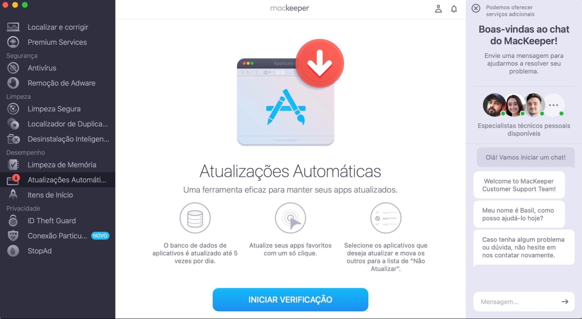 Na janela Atualizações Automáticas, aberta no lado esquerdo da interface do MacKeeper, você verá a opção Iniciar Verificação, no centro inferior.