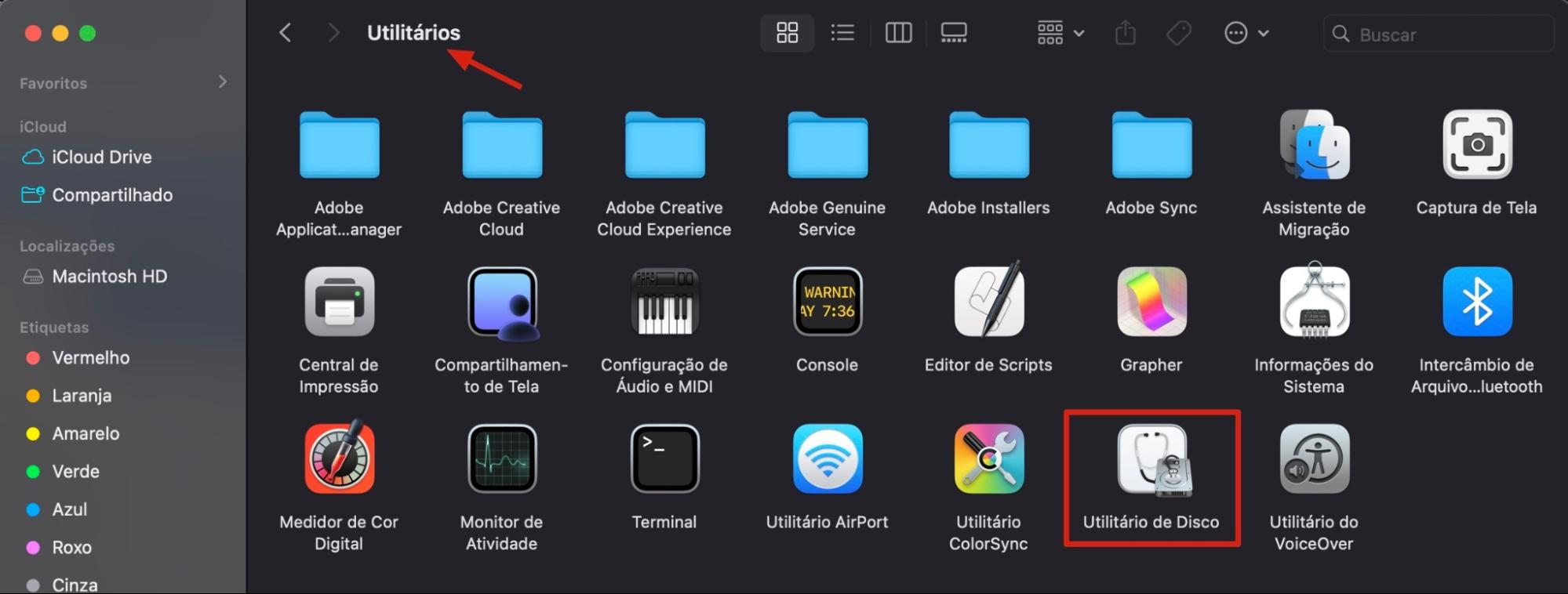 Utilitário de Disco na pasta Utilitários em um Mac. Use a ferramenta Reparar para corrigir as permissões do disco.