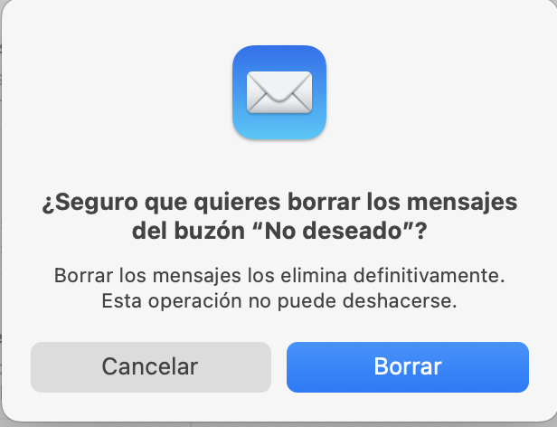 Un cuadro de diálogo en la aplicación Apple Mail pidiendo al usuario que confirme que quiere borrar el correo no deseado. ¿Cómo borrar el caché de correo electrónico en Mac?