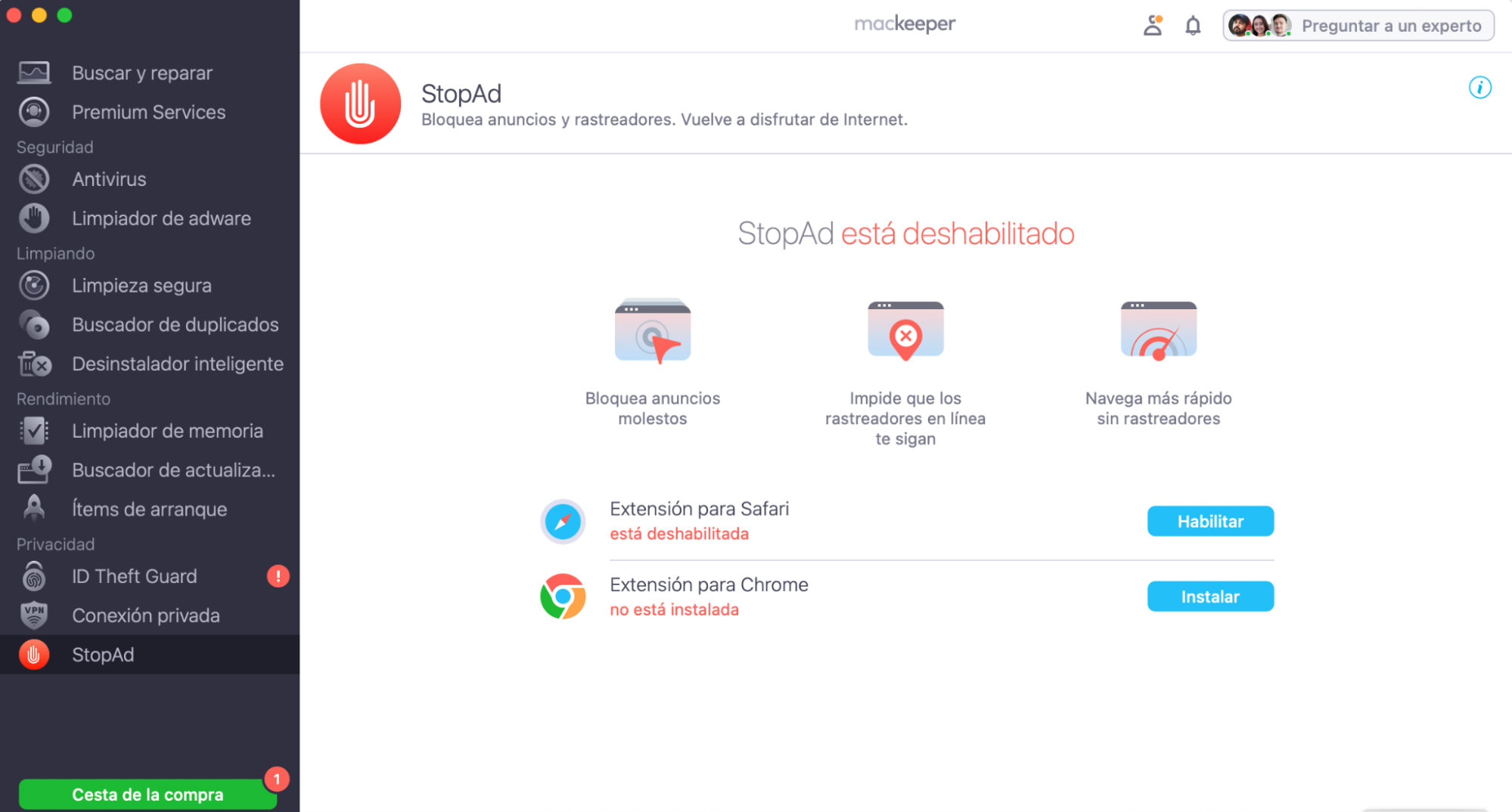 La pantalla de StopAd de MacKeeper, sin opciones activadas actualmente. Cómo usar un bloqueador de anuncios, parte de una guía sobre cómo eliminar las ventanas emergentes falsas de McAfee en Mac.