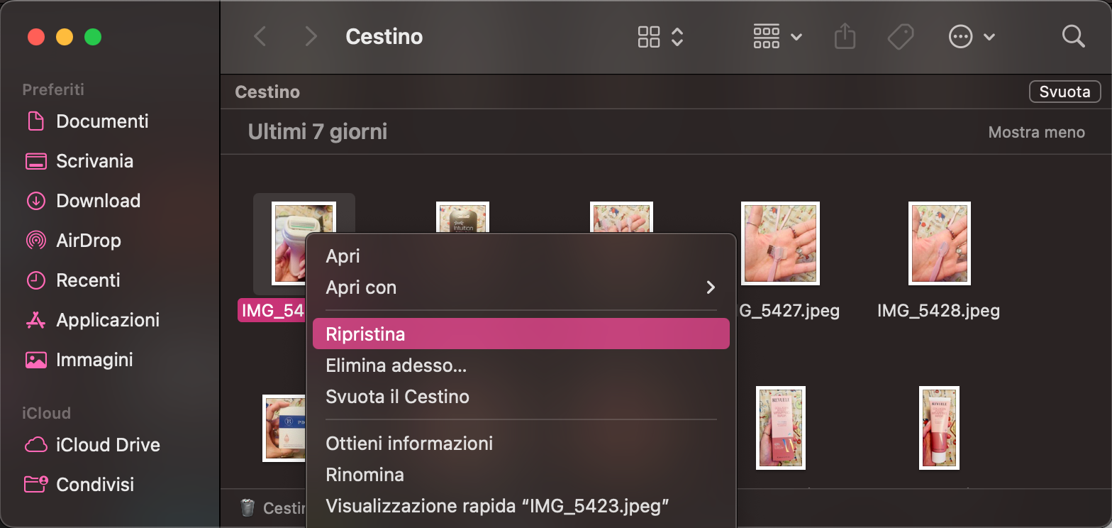 La cartella Cestino su Mac contenente file eliminati. Fai clic destro su un file che vuoi recuperare dal Cestino, poi seleziona Ripristina.