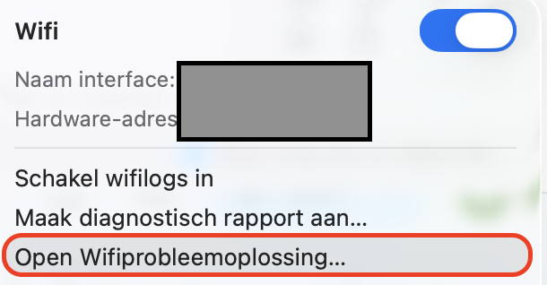 Om de oorzaak van het internetprobleem op je Mac te achterhalen klik je op het Wi-Fi-symbool in de menubalk terwijl je de Option-toets ingedrukt houdt en kies je Open Draadloze diagnostiek