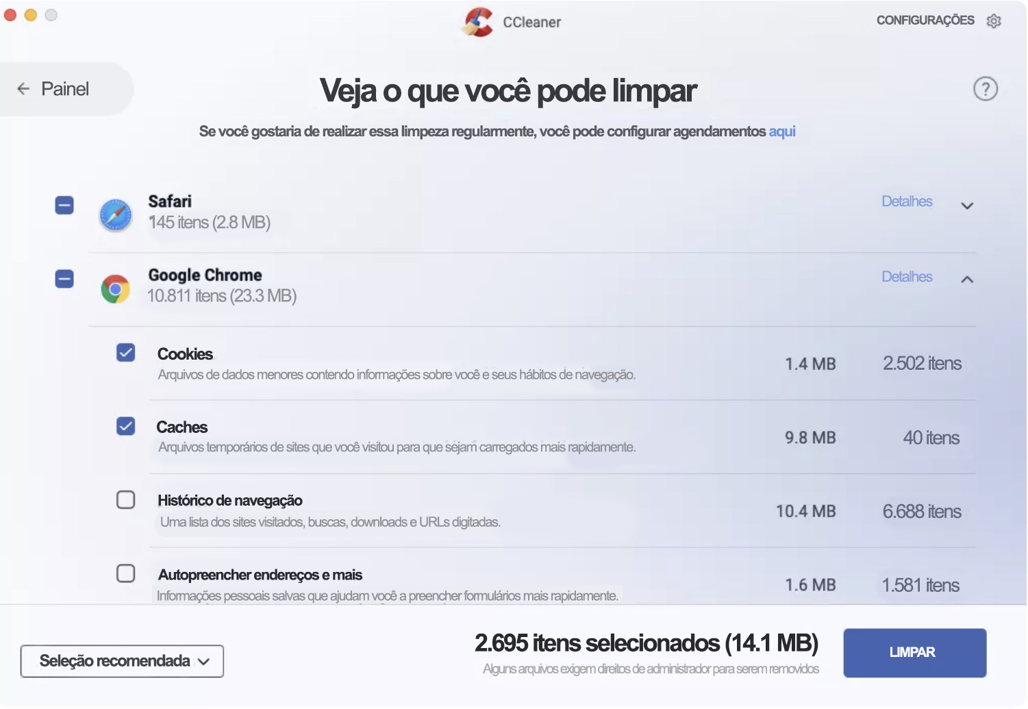 Utilize a limpeza automática do navegador para se livrar de caches, histórico de navegação e vários outros programas que podem estar ocupando espaço no seu Mac. Marque essas caixas e clique em Limpar.