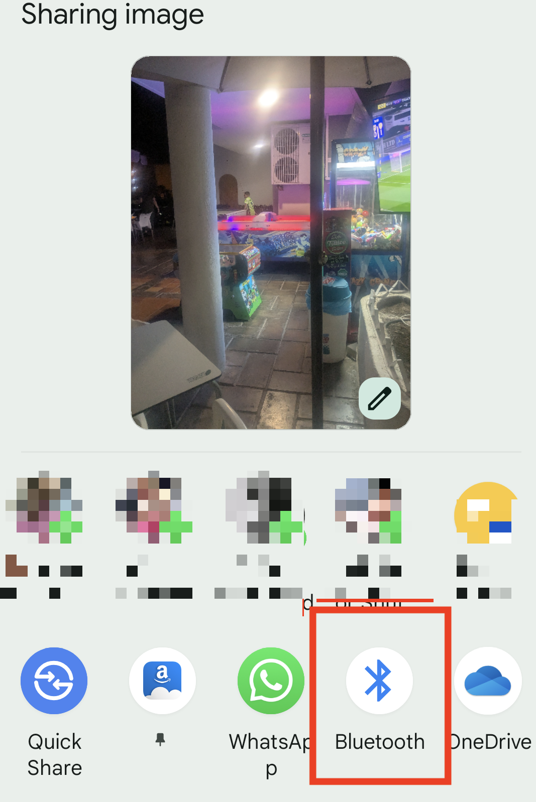 On your Android device, share one or more photos. After selecting the share function, look through the list of options and find the Bluetooth icon. Tap it now.