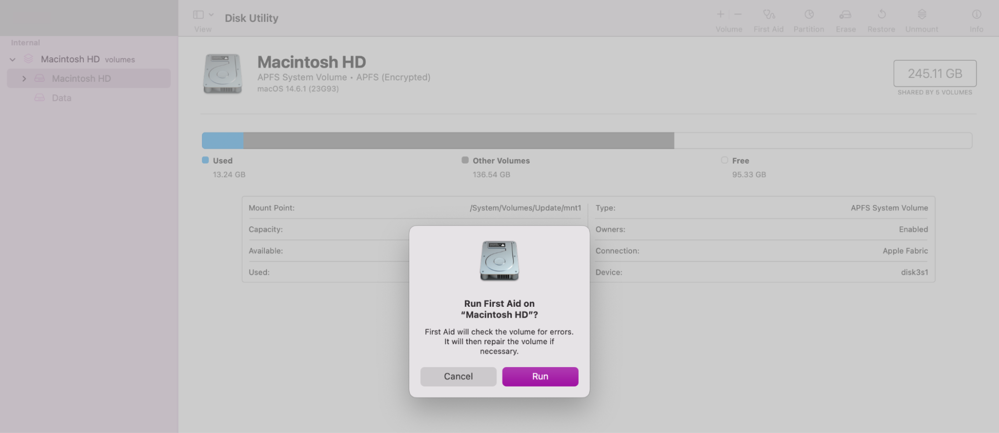 Once open, select Macintosh and click First Aid. Confirm your actions by pressing Run. This’ll repair broken permissions or access rights to help improve the stability of apps, including Microsoft Word.