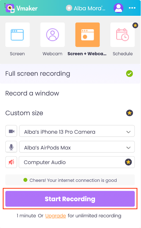 To screen record on Mac using Vmaker, customize your recording and click the Start Recording button to start.