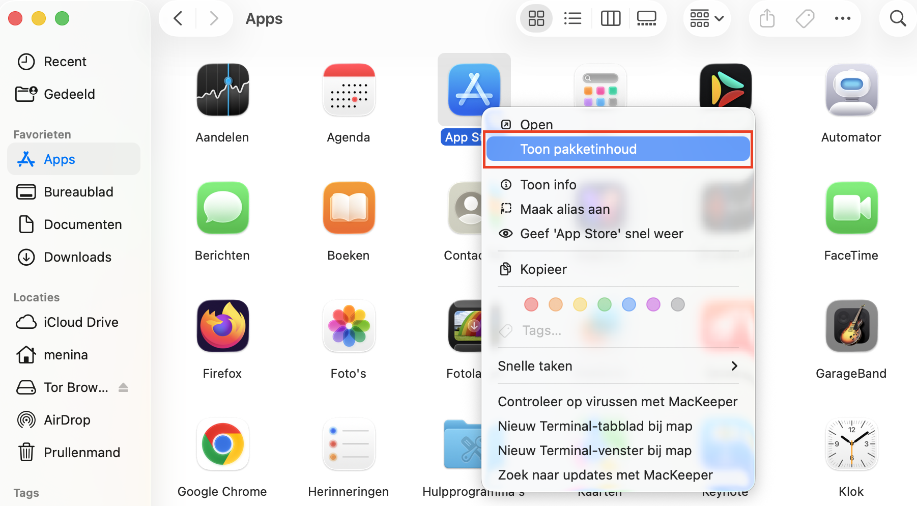 Een contextueel menu in de map Apps op de Mac nadat je met de rechtermuisknop op een app-icoon hebt geklikt. Je kunt ongebruikte taalbestanden verwijderen uit de map Resources door ‘Toon pakketinhoud’ te selecteren