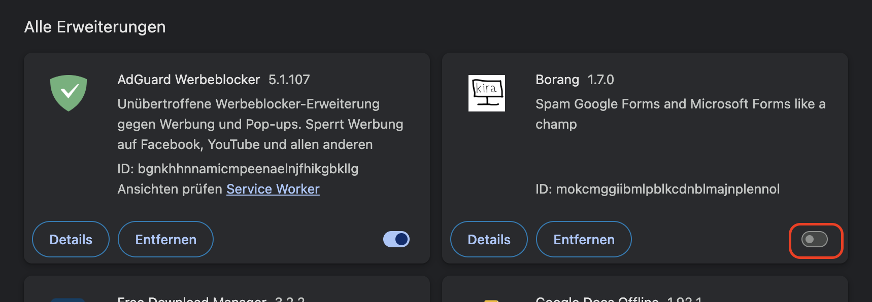 Deaktivieren Sie die Umschaltfläche für jede Erweiterung, die Sie deaktivieren möchten.