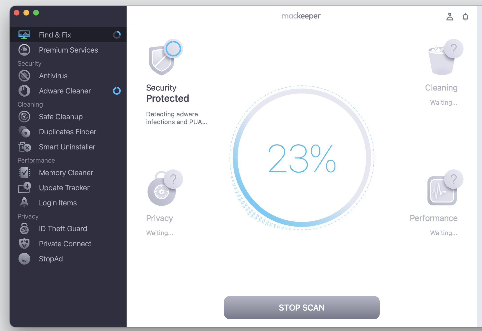 MacKeeper's Find & Fix running a full monitoring scan on macOS, the progress dial at 23% while it detects adware and performance issues on your Mac