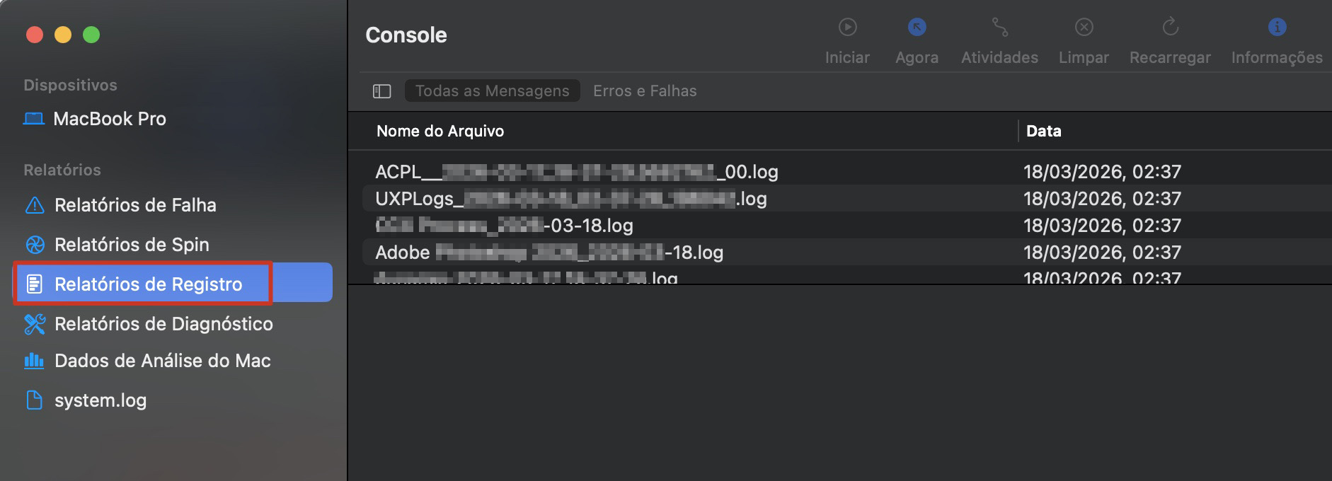 No Console do Mac, a seção Relatórios de Registro é exibida. Verifique a lista em busca de erros do sistema que possam ajudar a diagnosticar problemas comuns.