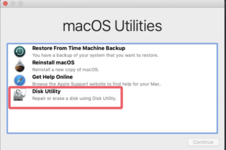 To wipe your startup disk, from the macOS Utilities menu in Recovery Mode, select Disk Utility and click Continue. This is the first step to wiping your disk to allow a fresh macOS Mojave installation.