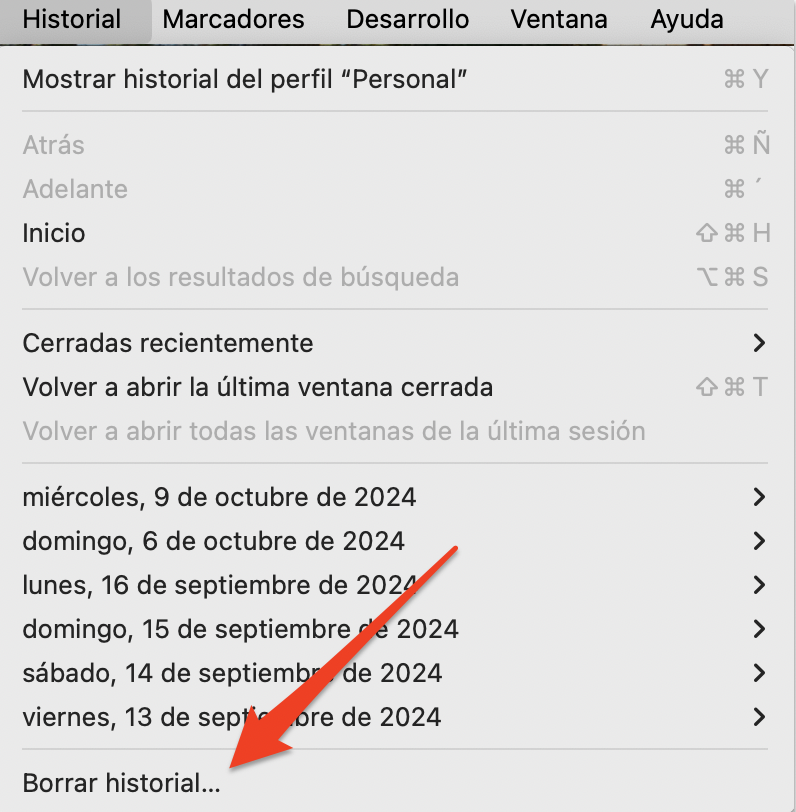 Verás el menú desplegable. Haz clic en Borrar historial. Verás el menú desplegable. Haz clic en Borrar historial.